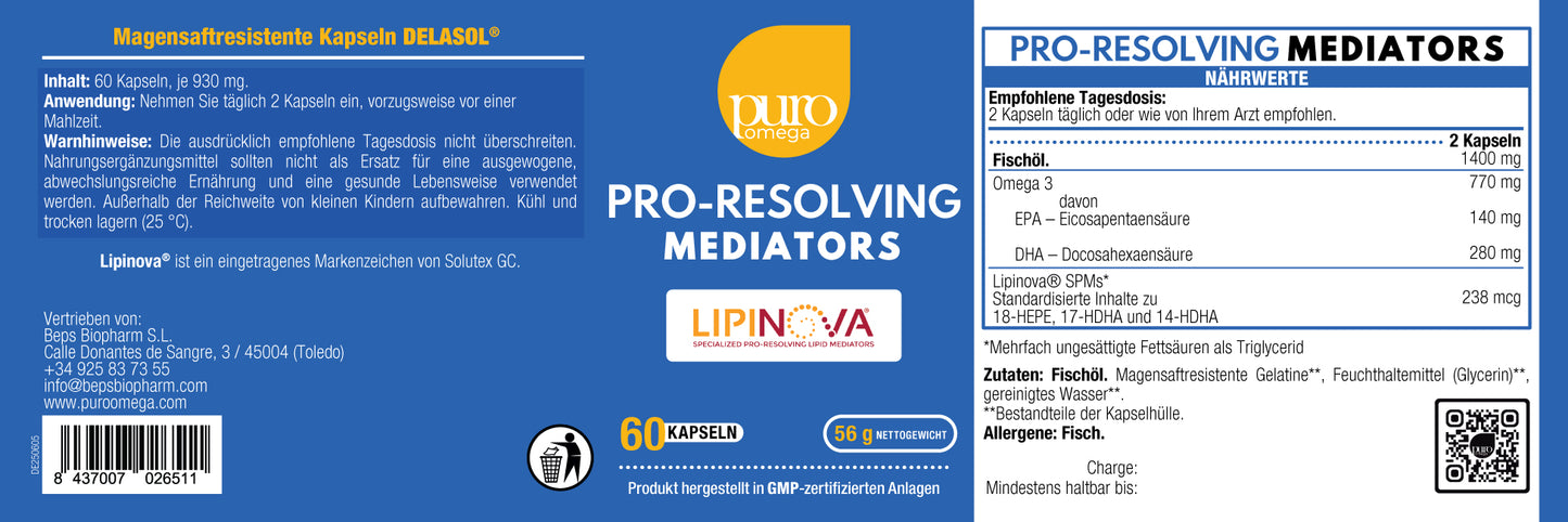 PRO RESOLVING MEDIATORS - 60 Kapseln. Konzentriertes Fischöl, reich an EPA, DHA und standardisierte Menge an SPM´s (18-HEPE, 17-HDHA und 14-HDHA)