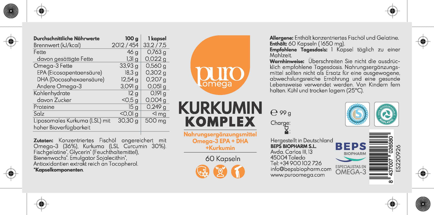 Omega-3 mit Kurkuma-Extrakt - Puro Omega Kurkumin Komplex [60 Kapseln]