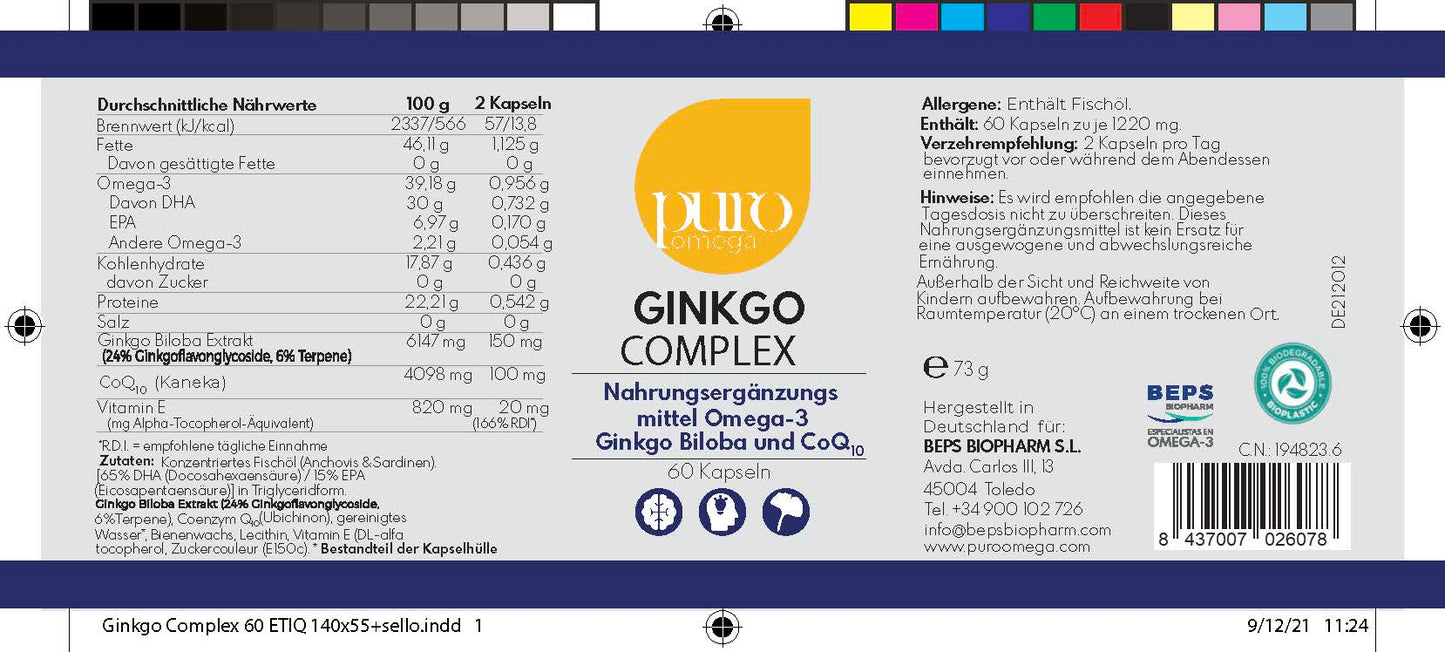 Omega-3 mit Ginkgo Biloba, Coenzym Q10 und Vitamin E – Ginkgo Complex von Puro Omega [60 Kapseln]