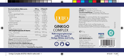 Omega-3 mit Ginkgo Biloba, Coenzym Q10 und Vitamin E – Ginkgo Complex von Puro Omega [60 Kapseln]