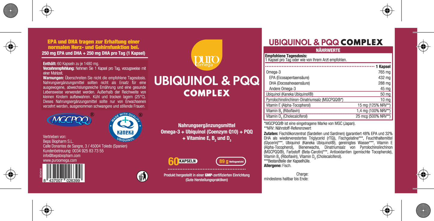 Puro Omega Ubiquinol Complex: Omega-3 mit Coenzym Q10, PQQ und Vitaminen E, B2 und D3 für optimierte Leistungsfähigkeit  [60 Kapseln]
