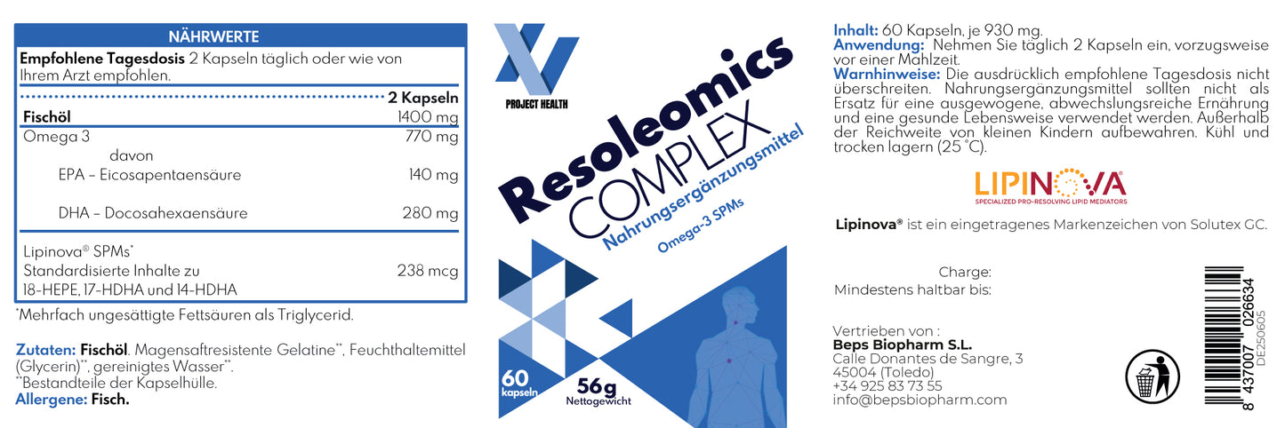Resoleomix Complex - 60 Kapseln. EPA- und DHA aufkonzentriertes Fischöl, reich an SPM´s (18-HEPE, 17-HDHA und 14-HDHA.