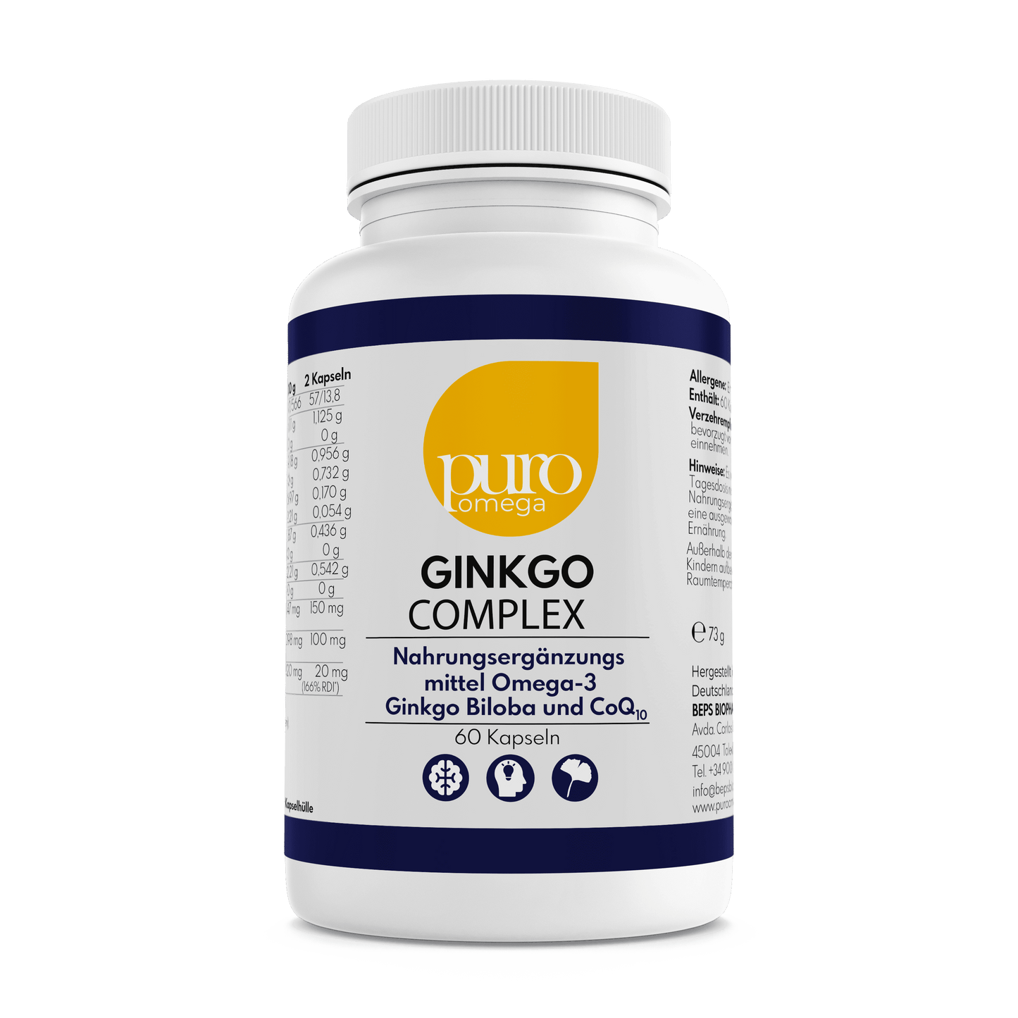 Omega-3 mit Ginkgo Biloba, Coenzym Q10 und Vitamin E – Ginkgo Complex von Puro Omega [60 Kapseln]